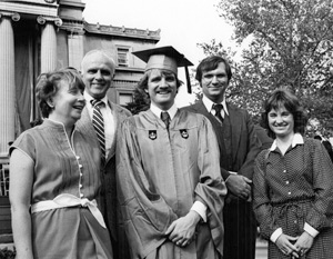 Dahl at his graduation with his parents, Theodore ’49, ’50J and Sheila; brother Dwayne ’72; and sister-in-law, Beth. Photo: Courtesy Jonathan Dahl ’80, ’81J